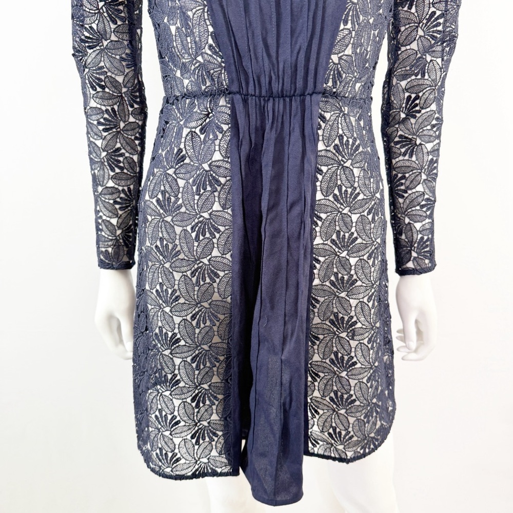 Maje Navy Blue REPINE Lace Mini Dress Size 4 Long Sleeve Formal Sheer Cocktail - Picture 6 of 11